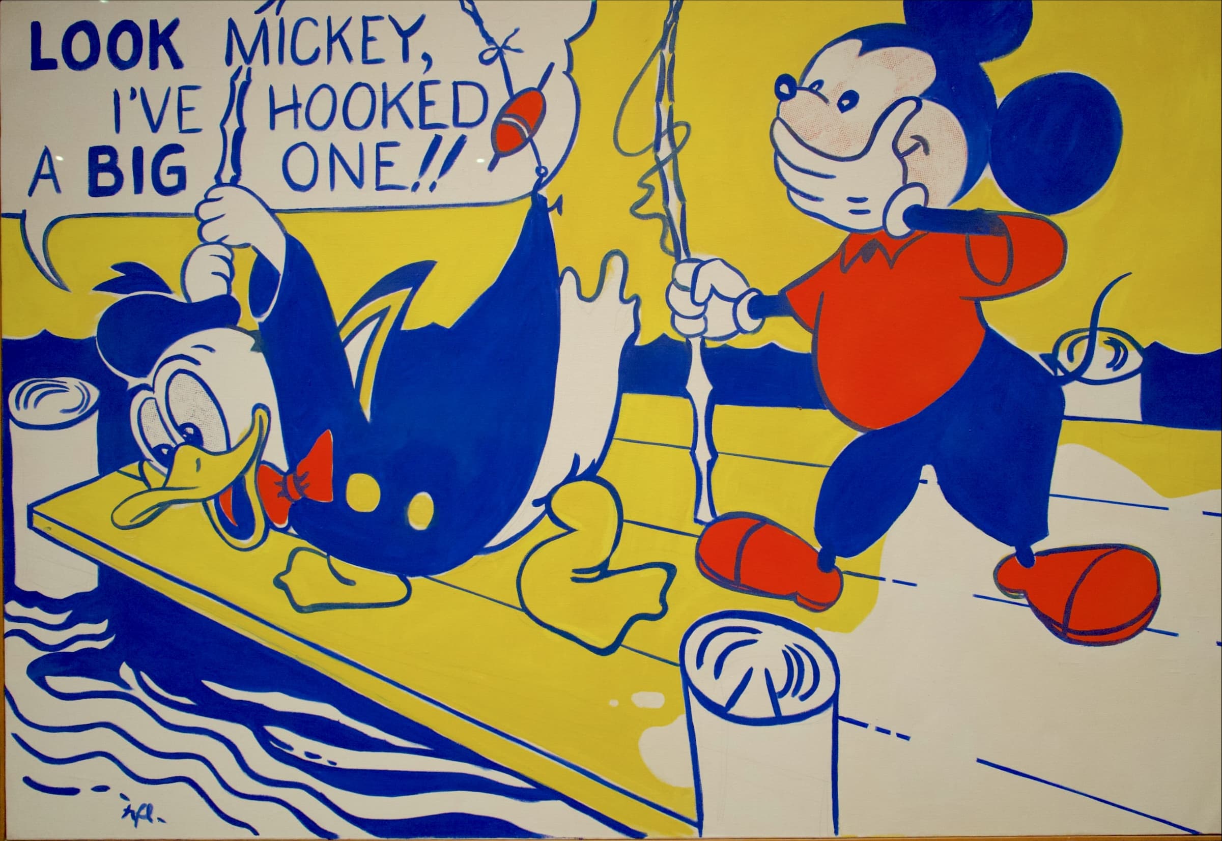 Donald pulls a fishing rod on a yellow dock while Mickey covers a grin, under the speech balloon LOOK MICKEY, I'VE HOOKED A BIG ONE!!