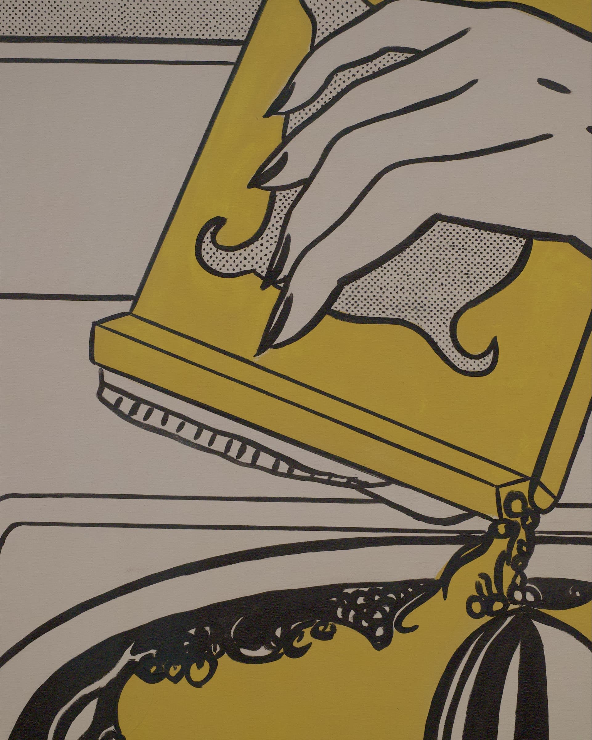Detail: a hand tilting a yellow box, its contents pouring out, all bounded by heavy outlines