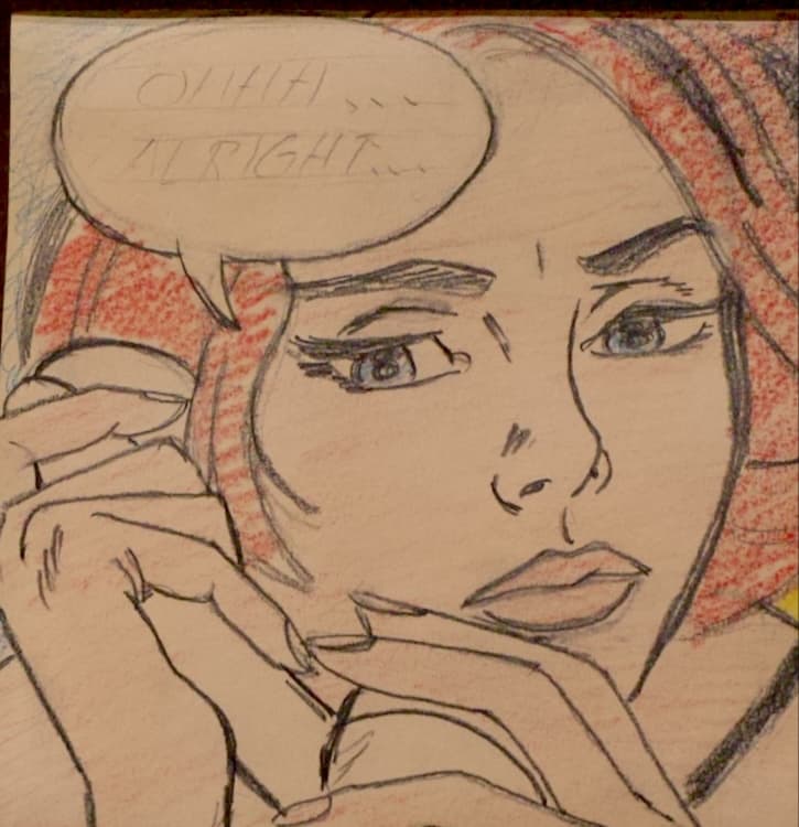 A small drawing of a woman holding a telephone receiver, in a wooden frame