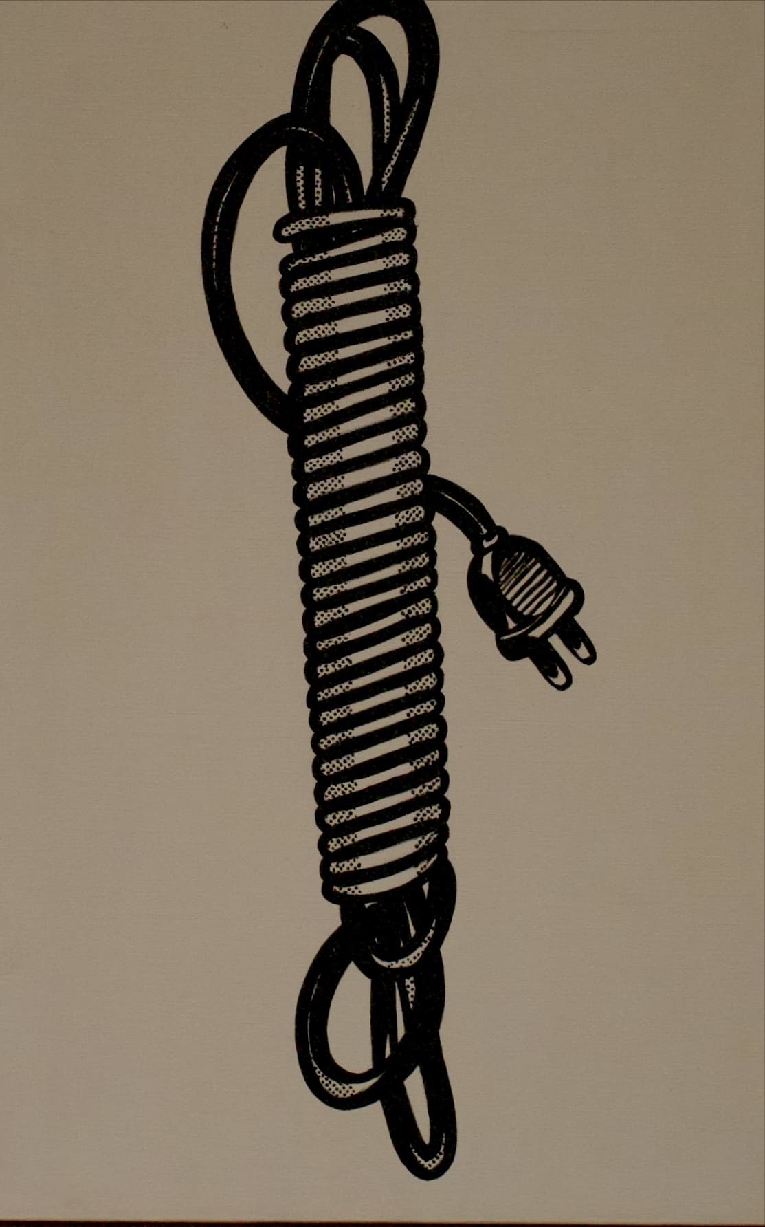 A coiled cord painted in black on white