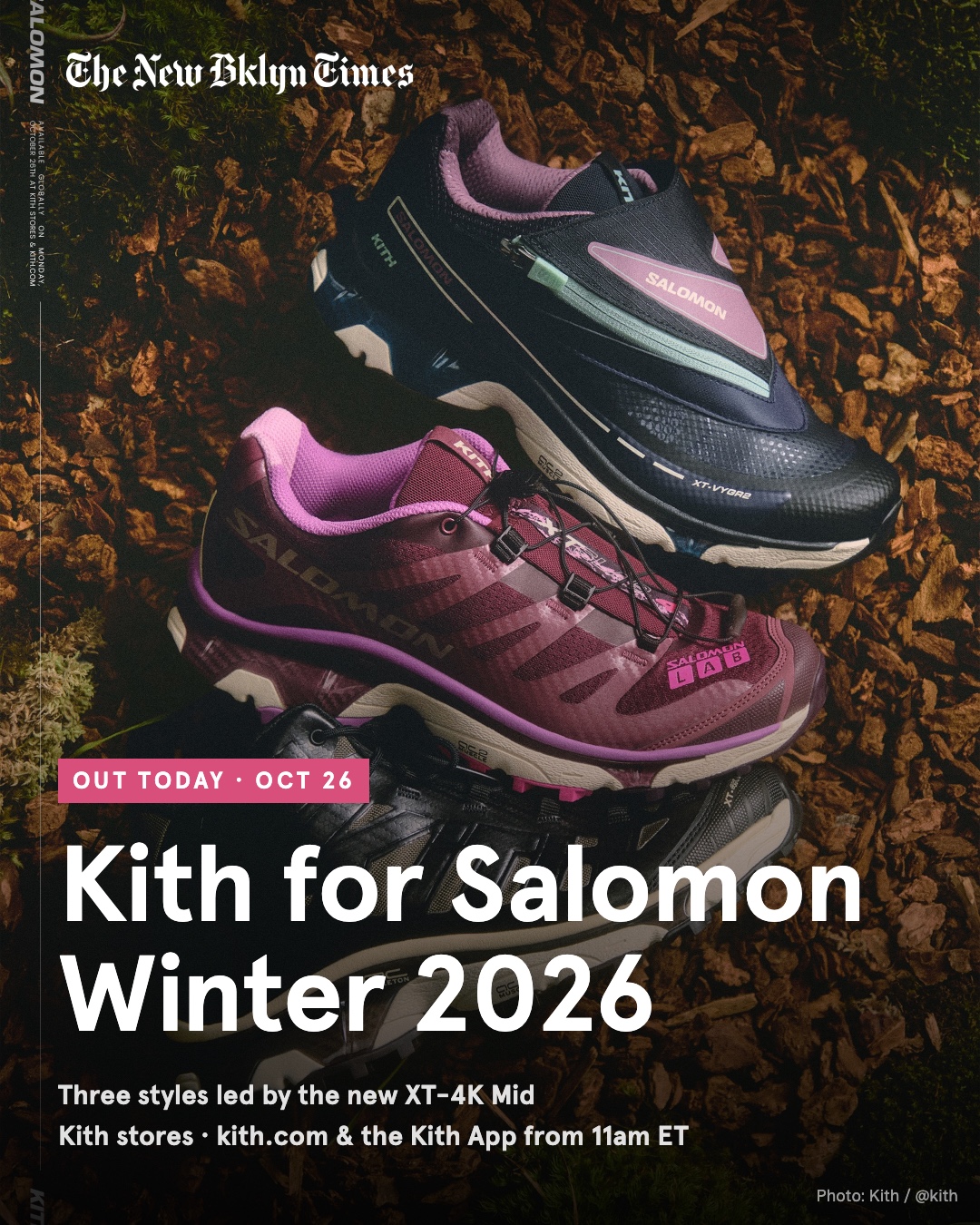 Out today (Oct 26): Kith for Salomon Winter 2026 — three styles in the Kith Winter 2026 palette, led by the XT-4K Mid, a