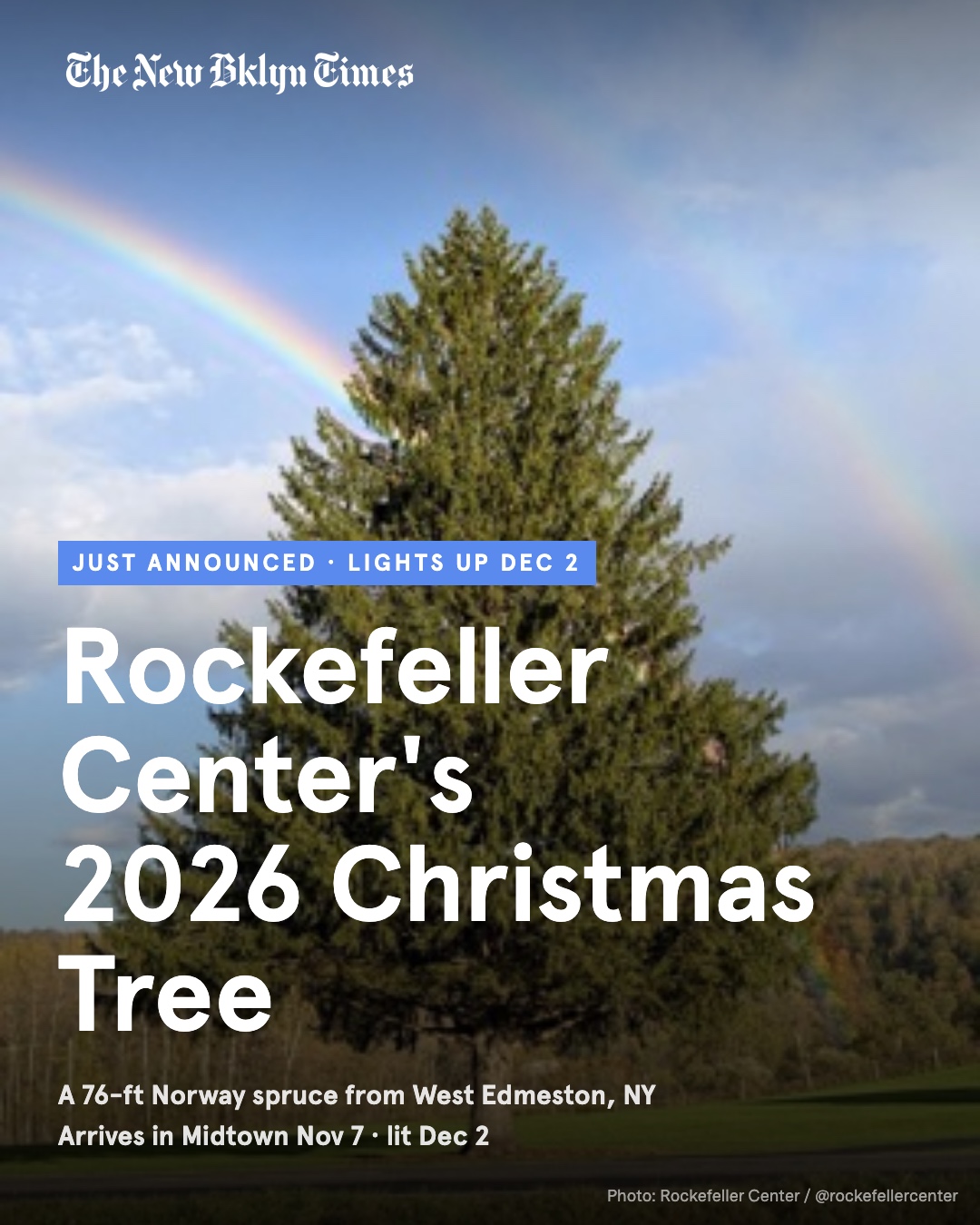 Just announced: Rockefeller Center's 2026 Christmas Tree is a 76-foot Norway spruce from West Edmeston in Chenango Count