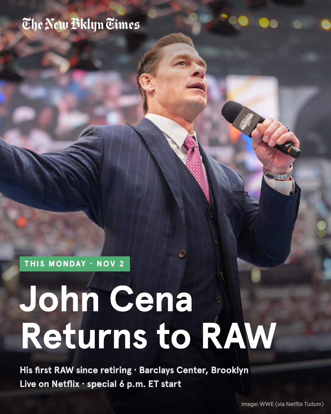 John Cena is coming back to RAW — live in Brooklyn this Monday, Nov 2, at Barclays Center. It's his first RAW since he r