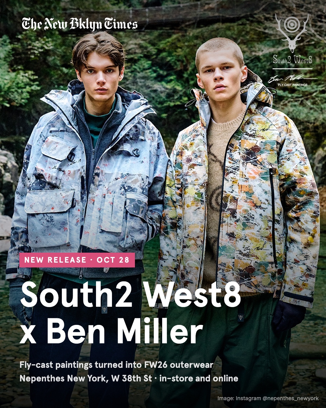New at Nepenthes New York: South2 West8 x Ben Miller for FW26. The Montana artist paints by fly casting — he casts a fly