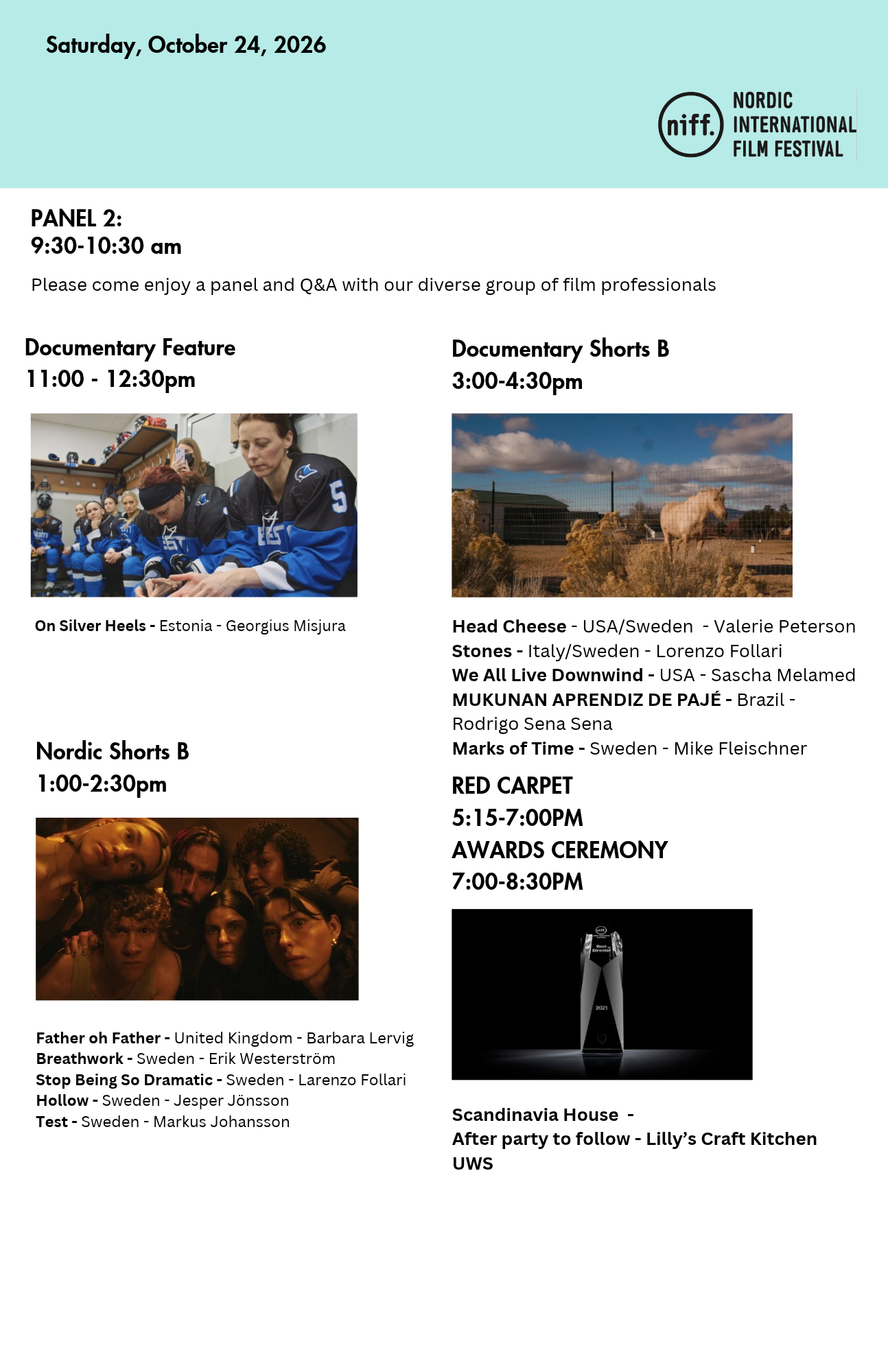 Saturday October 24 schedule and awards ceremony at Scandinavia House