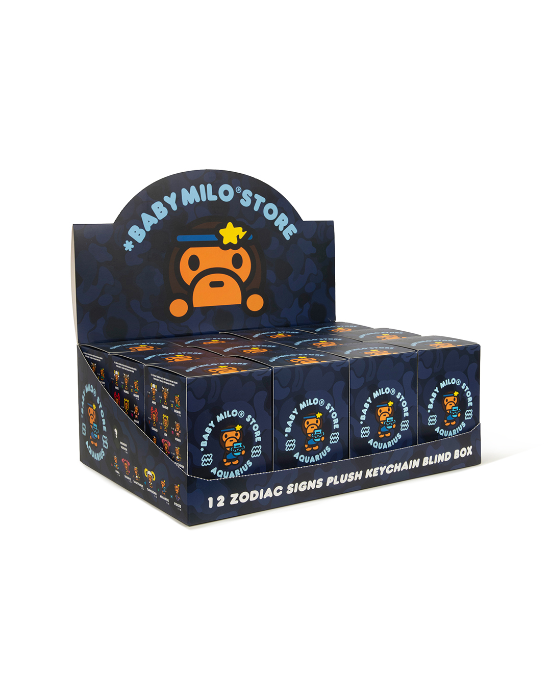 Display case of Aquarius BABY MILO zodiac blind boxes in navy camo