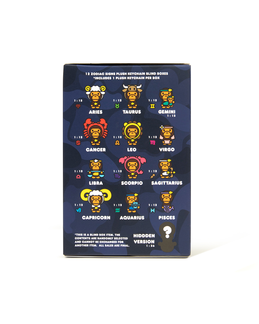 Back of the box listing 12 zodiac signs, odds and a hidden version