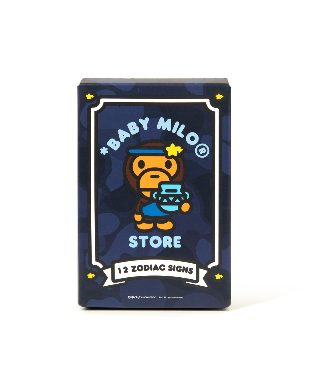 Front of the navy blind box with Aquarius BABY MILO holding a jar