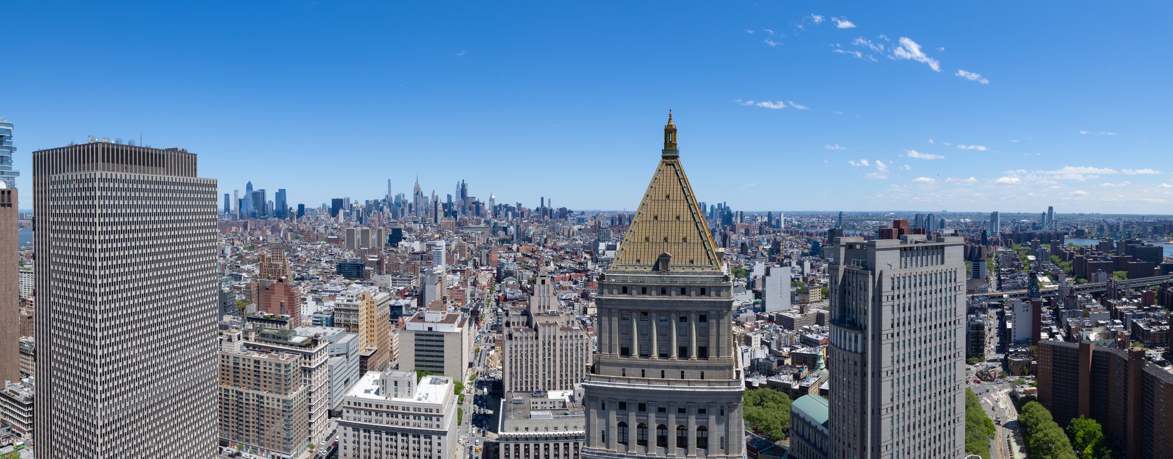 View west from the cupola over City Hall Park toward One World Trade Center