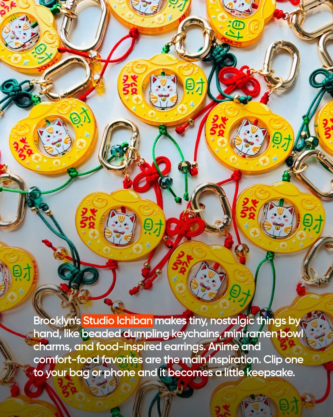 Studio Ichiban lucky cat keychains with red and green cord knots