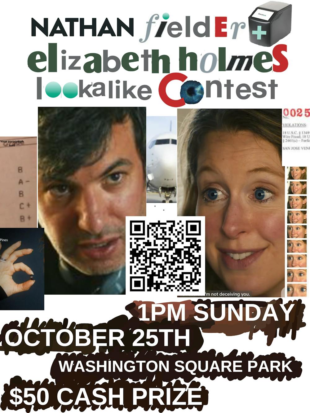 Collage-style poster for the Nathan Fielder and Elizabeth Holmes lookalike contest at Washington Square Park