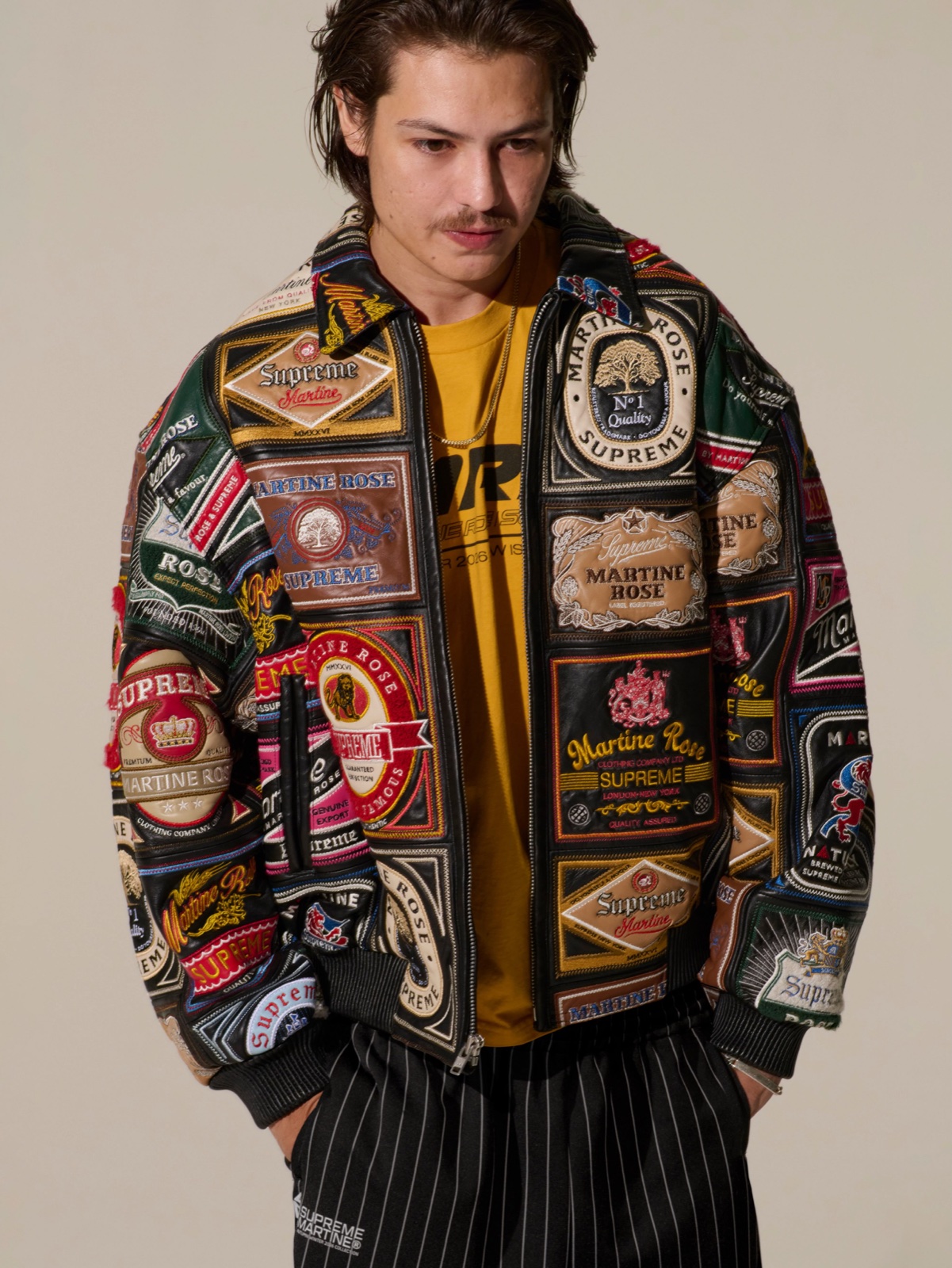 Supreme x Martine Rose Patchwork Leather Jacket styled with track pants