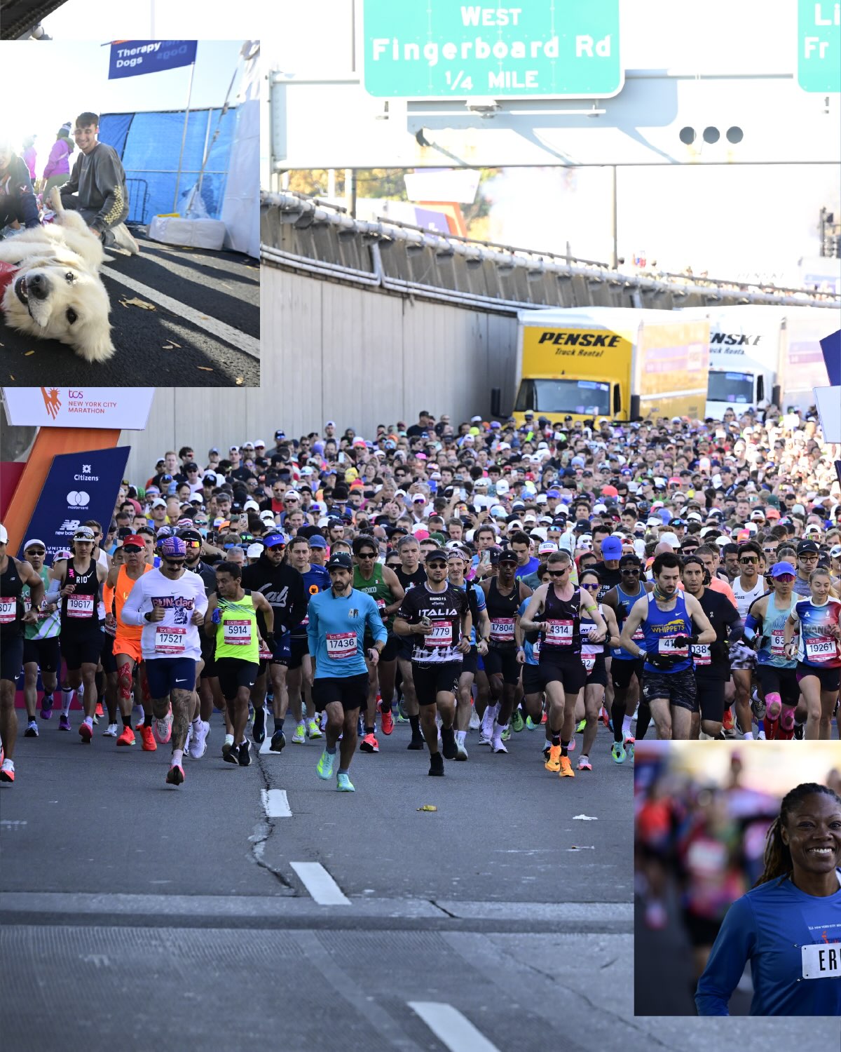 Crowd of runners at the marathon start with course signage