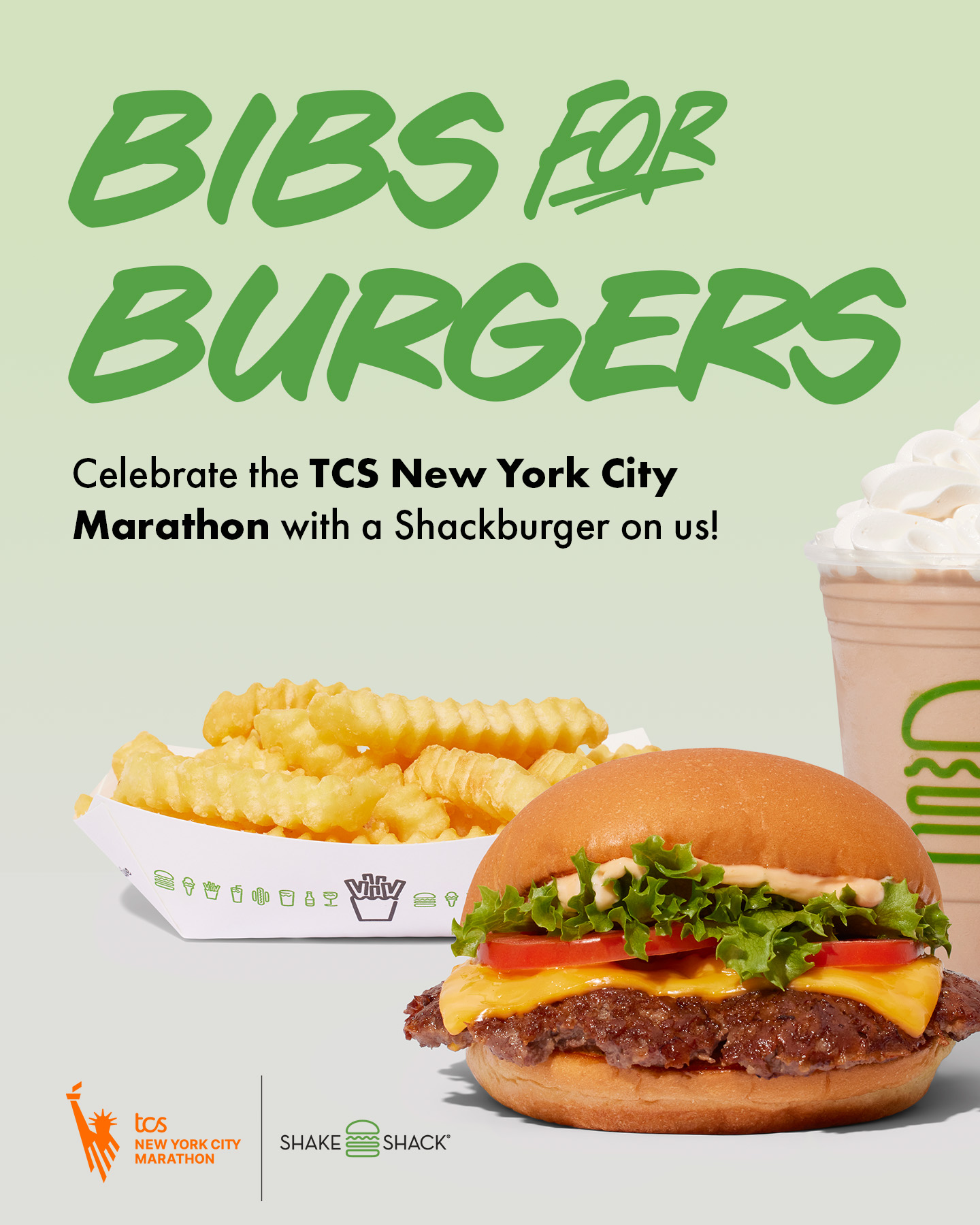 Shake Shack Bibs for Burgers promotional image with ShackBurger, fries and shake