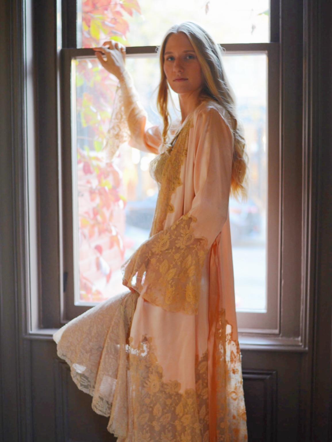 Peach silk robe with antique lace trim